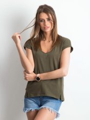 BASIC FEEL GOOD Bavlněné tričko s khaki v-neck, velikost xs