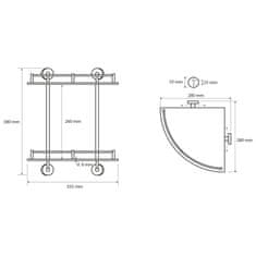 SAPHO X-ROUND E skleněná polička rohová dvojitá s hrazdou 280x355x380mm, chrom XR604 - Sapho