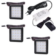 Design Light Sada 3x LED Světel Pod Kuchyňskou Linku SQUARE 2 Černá 1.5W 12V DC Teplá Bílá