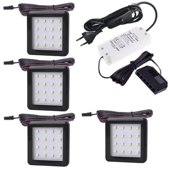 Design Light Sada 4x LED Světel Pod Kuchyňskou Linku SQUARE 2 Černá 1.5W 12V DC Studená Bílá