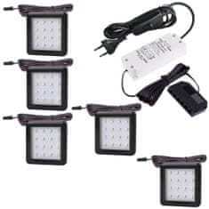 Design Light Sada 5x LED Světel Pod Kuchyňskou Linku SQUARE 2 Černá 1.5W 12V DC Teplá Bílá