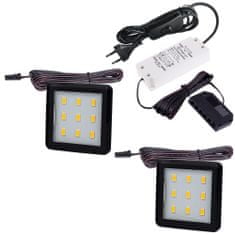 Design Light Sada 2x LED Světel Pod Kuchyňskou Linku SQUARE 3 Černá 2.5W 12V DC Teplá Bílá