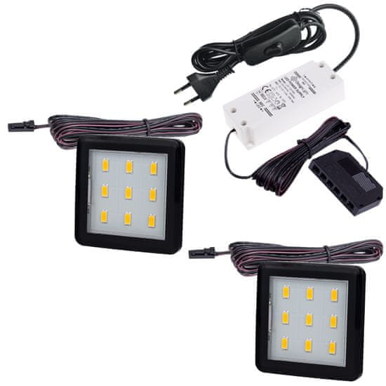 Design Light Sada 2x LED Světel Pod Kuchyňskou Linku SQUARE 3 Černá 2.5W 12V DC Studená Bílá