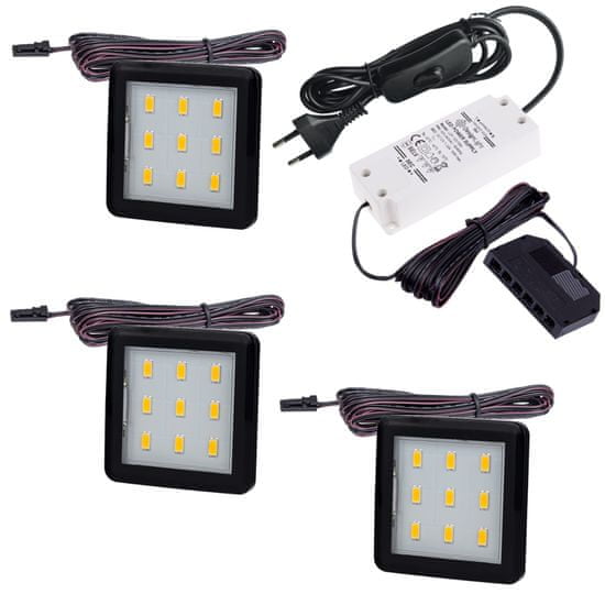 Design Light Sada 3x LED Světel Pod Kuchyňskou Linku SQUARE 3 Černá 2.5W 12V DC Studená Bílá