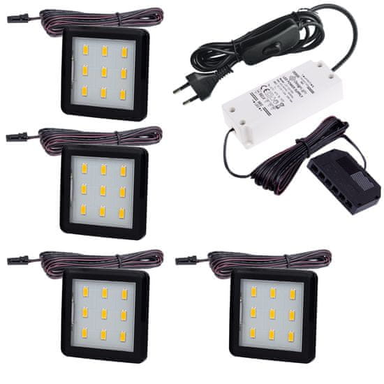 Design Light Sada 4x LED Světel Pod Kuchyňskou Linku SQUARE 3 Černá 2.5W 12V DC Neutrální Bílá