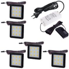 Design Light Sada 5x LED Světel Pod Kuchyňskou Linku SQUARE 3 Černá 2.5W 12V DC Teplá Bílá