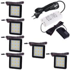 Design Light Sada 6x LED Světel Pod Kuchyňskou Linku SQUARE 3 Černá 2.5W 12V DC Neutrální Bílá