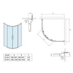 POLYSAN LUCIS LINE čtvrtkruhová sprchová zástěna, 900x900mm, R550, čiré sklo DL2615 - Polysan