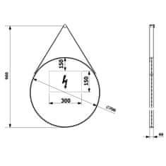 SAPHO ORBITER kulaté zrcadlo s LED osvětlením ? 70cm, kožený pásek, černá mat ORL070 - Sapho