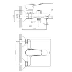 AQUALINE LOTTA nástěnná vanová baterie, rozteč 150mm, černá mat (otočný přepínač) LT610B - Aqualine