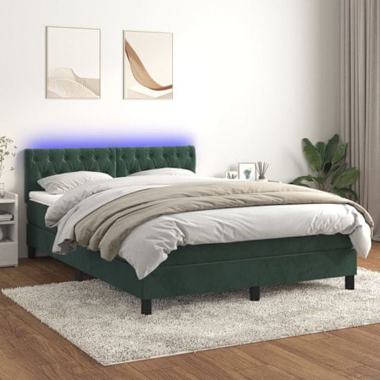 Vidaxl Box spring postel s matrací a LED tmavě zelená 140x190 cm samet