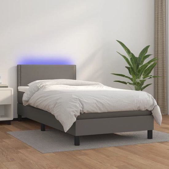 Vidaxl Box spring postel s matrací a LED šedá 90x190 cm umělá kůže