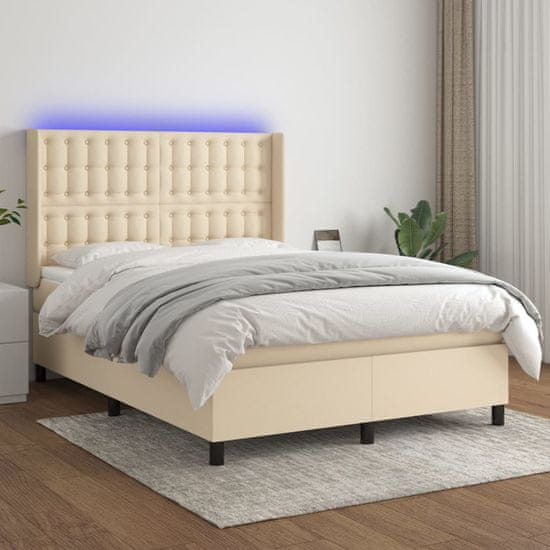 Vidaxl Box spring postel s matrací a LED krémová 140x190 cm textil