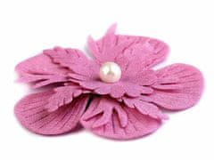 Kraftika 10ks růžová sv. textilní květ 3d 53mm s perlou