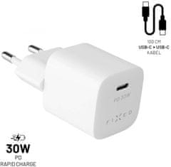 FIXED síťová nabíječka Mini s USB-C, PD, 30W, bílá + USB-C - USB-C kabel, 1m, bílá