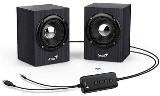 Genius SP-HF385BT, Reproduktory, 2.0, 4W, Bluetooth, 3,5mm jack, USB, dřevěné, černé