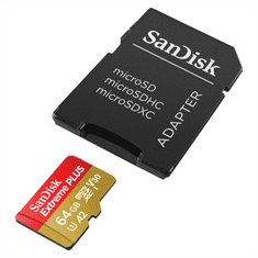 SanDisk Extreme PLUS microSDXC 64GB + SD Adapter 200MB/s and 90MB/s A2 C10 V30 UHS-I U8