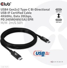 Club 3D kabel USB-C, Data 20Gbps, PD 240W(48V/5A) EPR, M/M, 2m