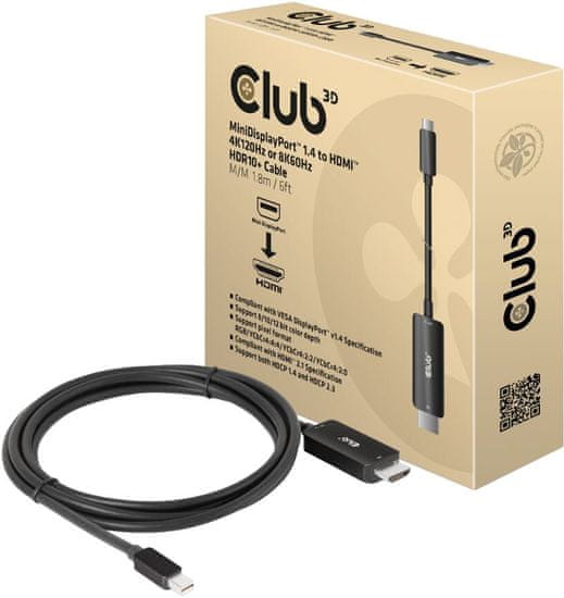 Club 3D kabel miniDP 1.4 na HDMI, 4K120Hz nebo 8K60Hz HDR10+, M/M, 1.8m