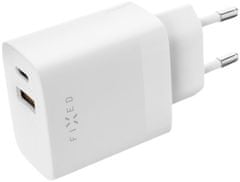 FIXED síťová nabíječka, USB-A, USB-C, PD & QC, 20W, bílá