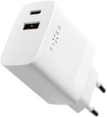 FIXED síťová nabíječka, USB-A, USB-C, PD & QC, 20W, bílá