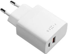 FIXED síťová nabíječka, USB-A, USB-C, PD & QC, 20W, bílá