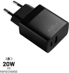 FIXED síťová nabíječka, USB-A, USB-C, PD & QC, 20W, černá