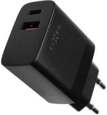 FIXED síťová nabíječka, USB-A, USB-C, PD & QC, 20W, černá