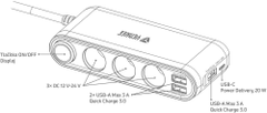 Yenkee nabíjecí adaptér do auta YAC 470, 3x USB-A, USB-C, 3x 12V, černá