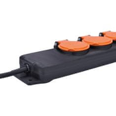 Solight  Prodlužovací přívod venkovní 230V/16A - 5m, 3 zásuvky, 3x 1mm2, IP44, černý gumový kabel