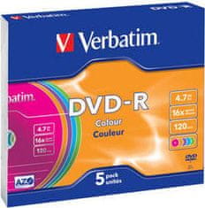 Verbatim DVD-R 4,7 GB (120min) 16x colour slim box, 5ks/pack