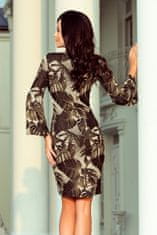 Numoco Svetříkové šaty s rozšířenými rukávy a vzorem listů 221-1 khaki - Numoco khaki XL