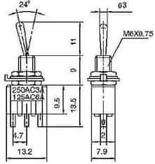 HADEX Přepínač páčkový MTS-123, (ON)-OFF-(ON) 1pol.250V/3A mini