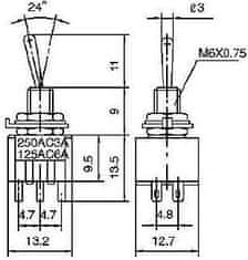 HADEX Přepínač pačkový MTS-202, ON-ON, 2pol. 250V/3A