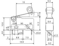 HADEX Mikrospínač KW11-3Z, ON-(ON) 1pol.250V/5A s páčkou 13mm