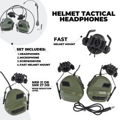 Partizan tactical Sluchátka FAST Helmet Olive s taktickým ozvučením, aktivním potlačením hluku a podporou pro rádiové spojení