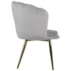 STEMA Židle HTS-D41AG na kovovém rámu zlaté barvy. Pro obývací pokoj, jídelnu, kuchyni, restauraci. Sedák a opěrák čalouněné sametovou látkou. Má plastové nožky. Houba o hustotě 25 kg/m3. Světle šedá barva.