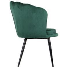 STEMA Židle HTS-D41A na kovovém černém rámu. Pro obývací pokoj, jídelnu, kuchyni, restauraci. Sedák a opěrák čalouněné sametovou látkou. Má plastové nožky. Houba o hustotě 25 kg/m3. Tmavě zelená barva.