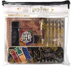 CurePink Set školních potřeb Harry Potter: Barevný znak (blok, propiska, tužka, pastelky, ořezávátko, pravítko, guma, plechové pouzdro)