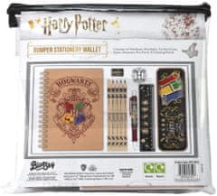 CurePink Set školních potřeb Harry Potter: Barevný znak (blok, propiska, tužka, pastelky, ořezávátko, pravítko, guma, plechové pouzdro)