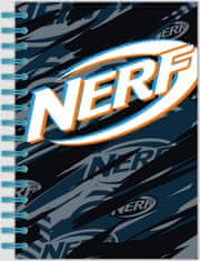 CurePink Set školních a psacích pomůcek Nerf: 100 Logo (sešit, pravítko, plechové pouzdro, guma, ořezávátko, pero, tužka, pastelky)