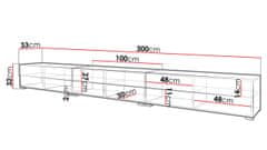 Veneti Televizní stolek 300 cm s LED osvětlením WILLA A - dub wotan / lesklý černý