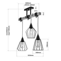 LIGHT FOR HOME Závěsné svítidlo na lankách 20944 "CAMEROON", 3x60W, E27, černá, přírodní olše