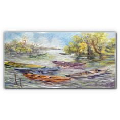 COLORAY.CZ Obraz na skle Lake lodě stromy obloha 120x60 cm