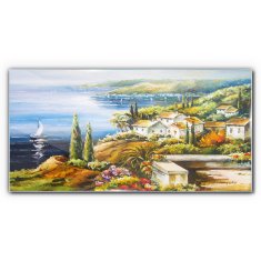 COLORAY.CZ Obraz na skle Pobřežní vesnice lodě květiny 120x60 cm