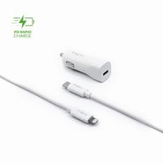 FIXED Set autonabíječky FIXED s USB-C výstupem a USB-C/Lightning kabelu, podpora PD, 1 metr, MFI, 18W, bílý