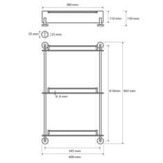 SAPHO X-ROUND E skleněná polička trojitá s hrazdou 380x675x130mm, chrom XR608 - Sapho