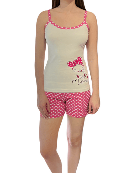 INNA Dámské bavlněné pyžamo ecru puntíkované růžové kraťasy