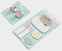 CurePink Set 5 školních pomůcek Pusheen: Foodie (lepící štítky, klipy, zvýrazňovače, barevná propiska)