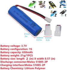 YUNIQUE GREEN-CLEAN 1 kus 3.7V 650mah lithiová baterie pro SYMA Q9 H126 H131 H118 RH701 člun dálkové ovládání vysokorychlostní člun hračka elektrický RC člun